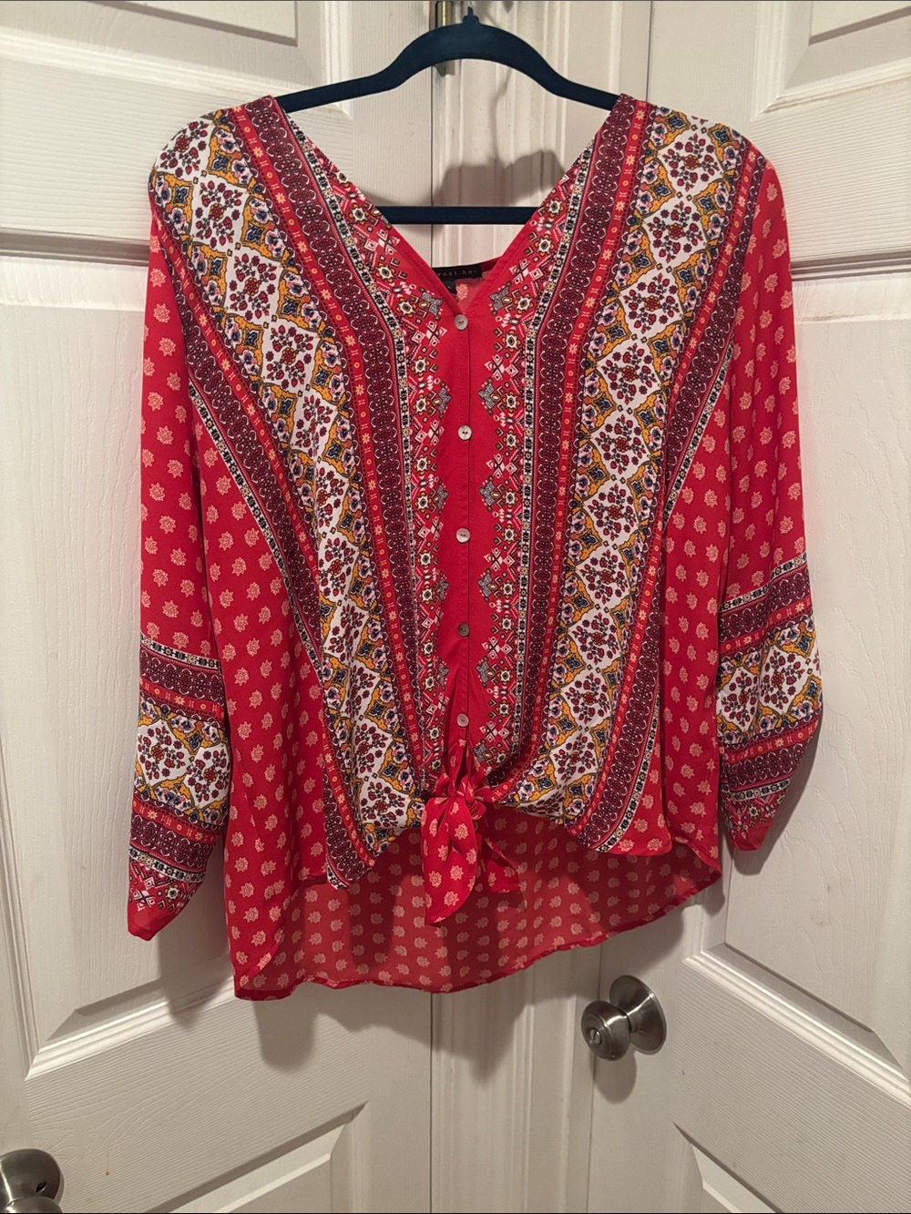 West Kei Red Printed Tie-Front Boho Blouse